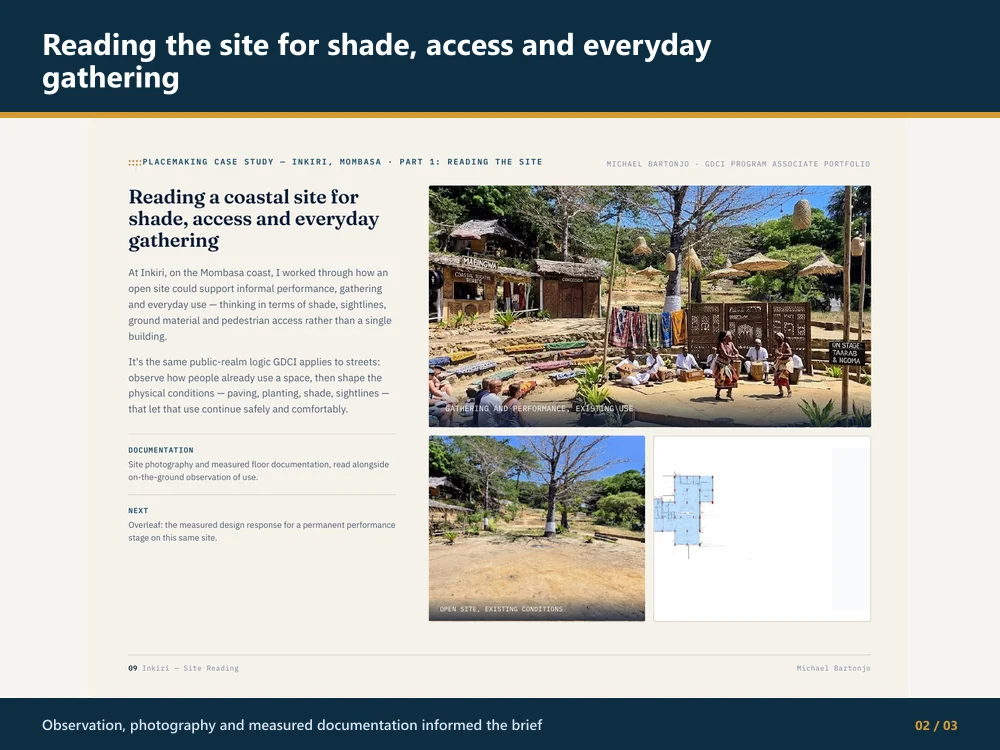 Existing coastal venue use, access, shade and gathering conditions