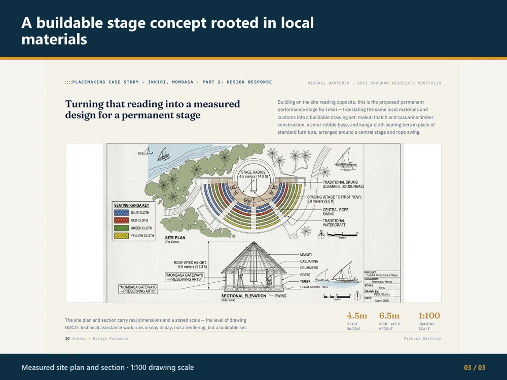 Dimensioned outdoor stage plan and sectional elevation