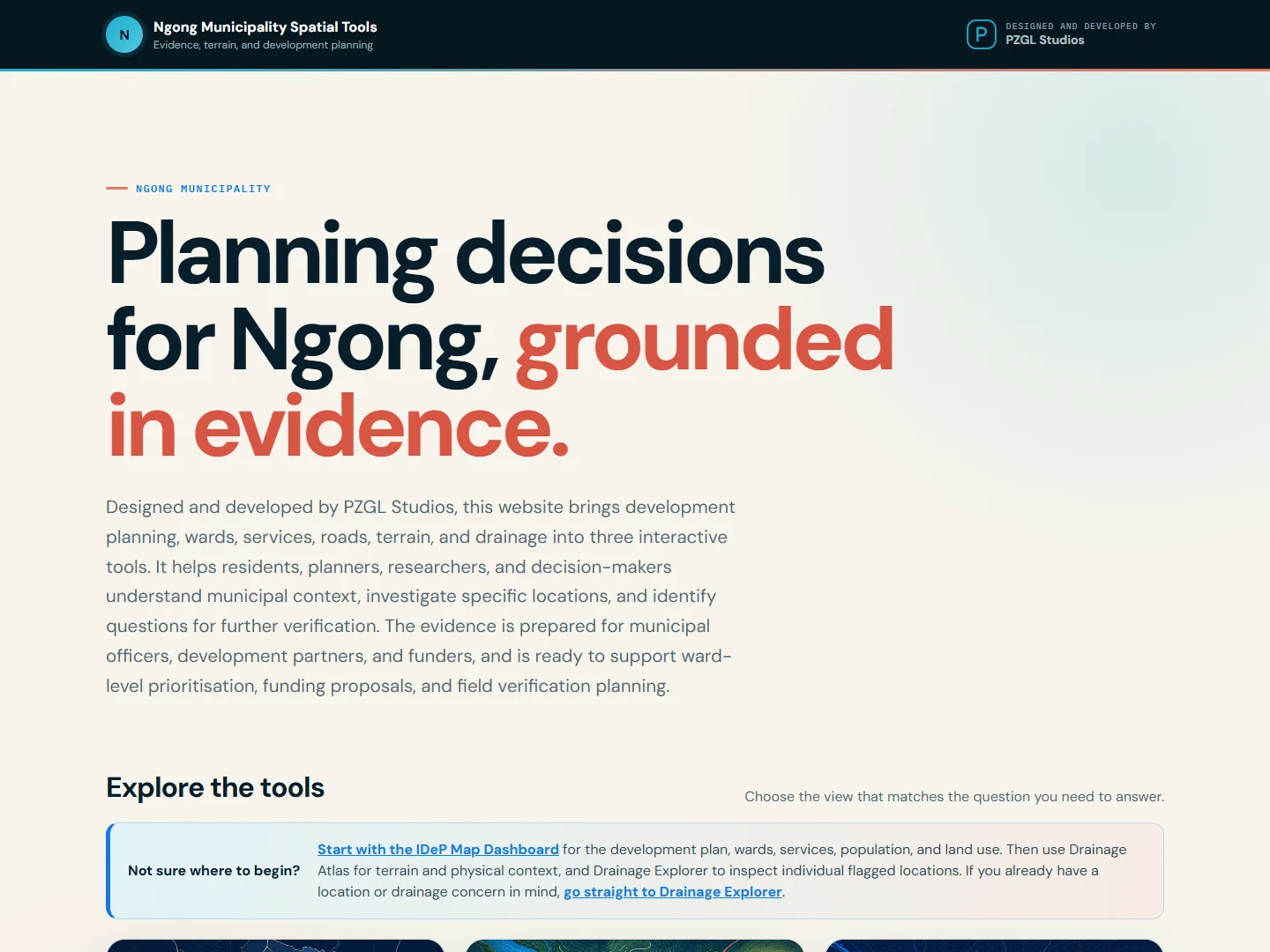Live Ngong Municipality Spatial Tools homepage presenting planning, terrain and drainage tools