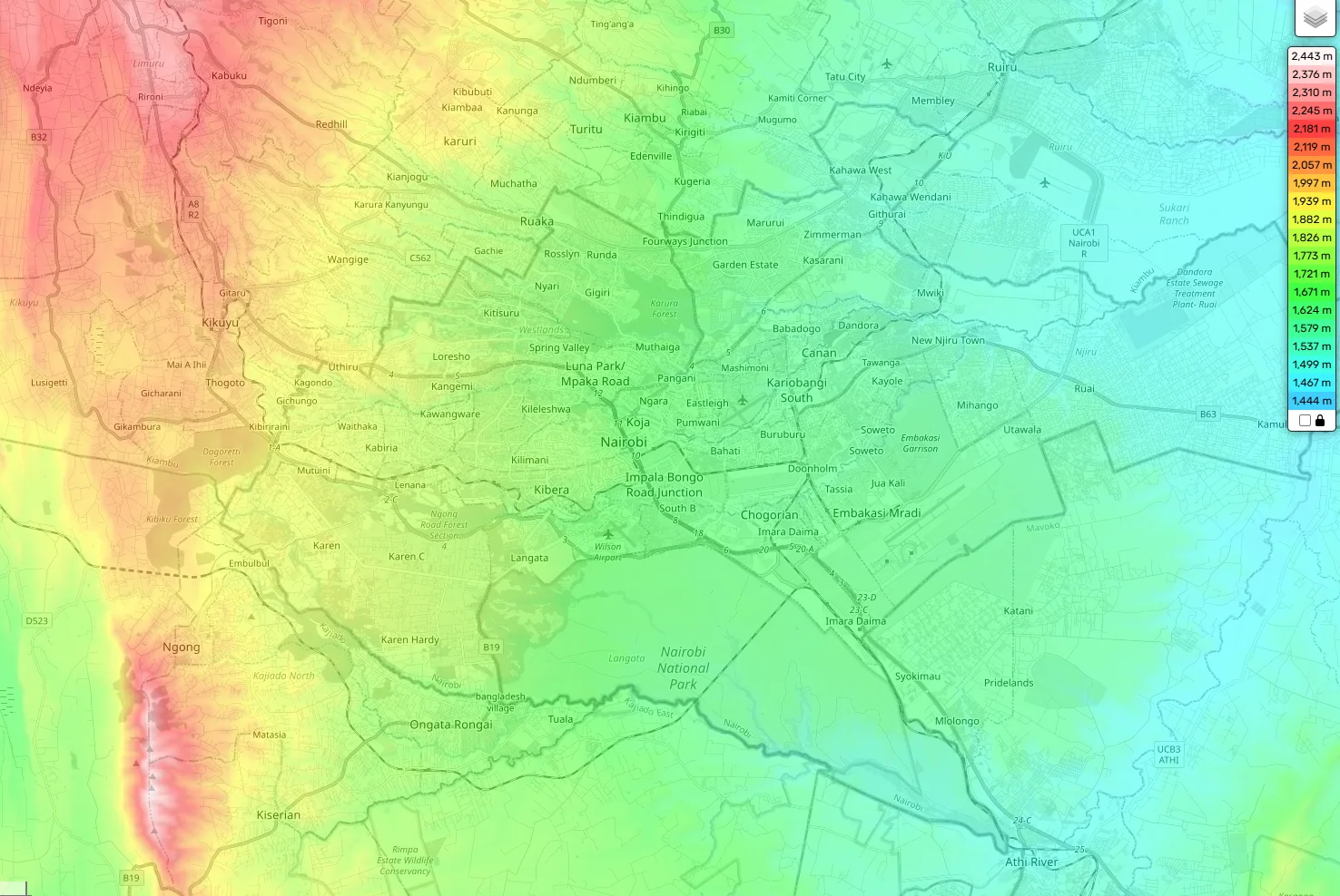 Regional elevation map with place labels and transport networks