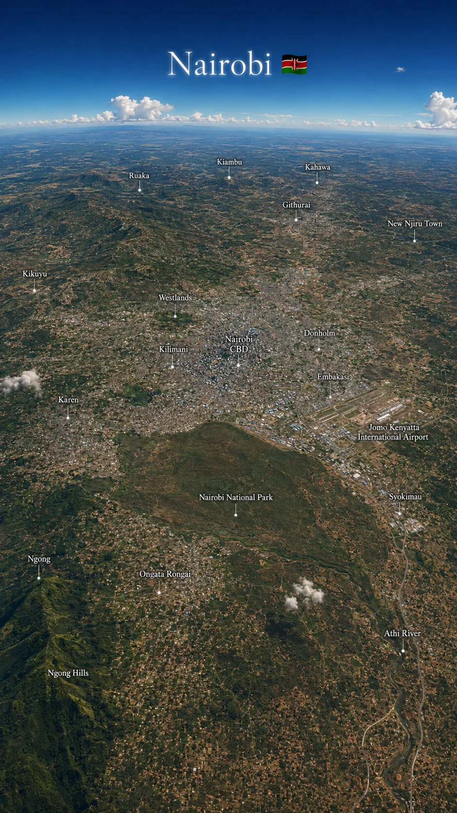 Aerial image of Nairobi showing the central area and metropolitan context