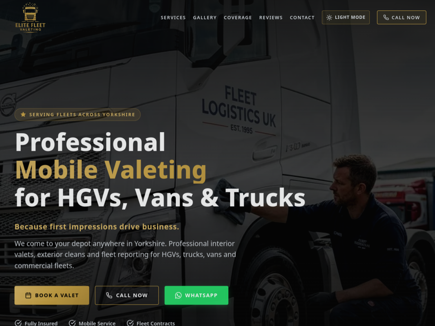 Live Elite Fleet Valeting website showing mobile HGV valeting services across Yorkshire
